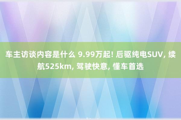 车主访谈内容是什么 9.99万起! 后驱纯电SUV, 续航525km, 驾驶快意, 懂车首选